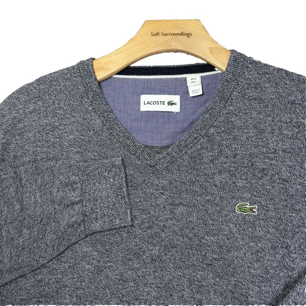 Lacoste Cotton Jersey V-Neck Sweater Mens Large Pullover Gray Long Sleeve Preppy